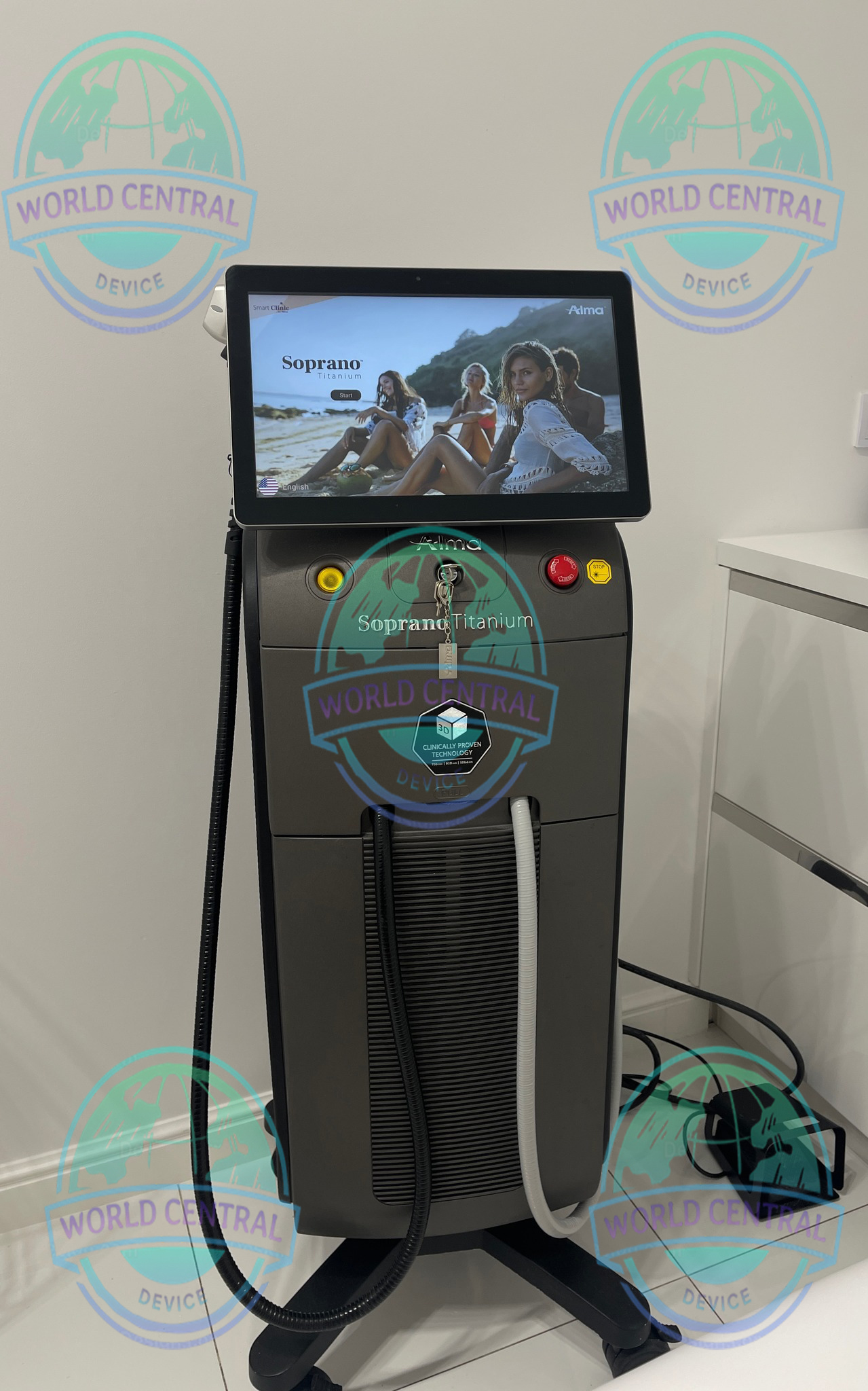 Alma Soprano Titanium Triple-Wavelength Laser Platform Alma Soprano Titanium laser hair removal system with touchscreen display and advanced cooling technology.