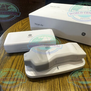 Healthcare professional using GE Vscan Air SL handheld ultrasound with tablet